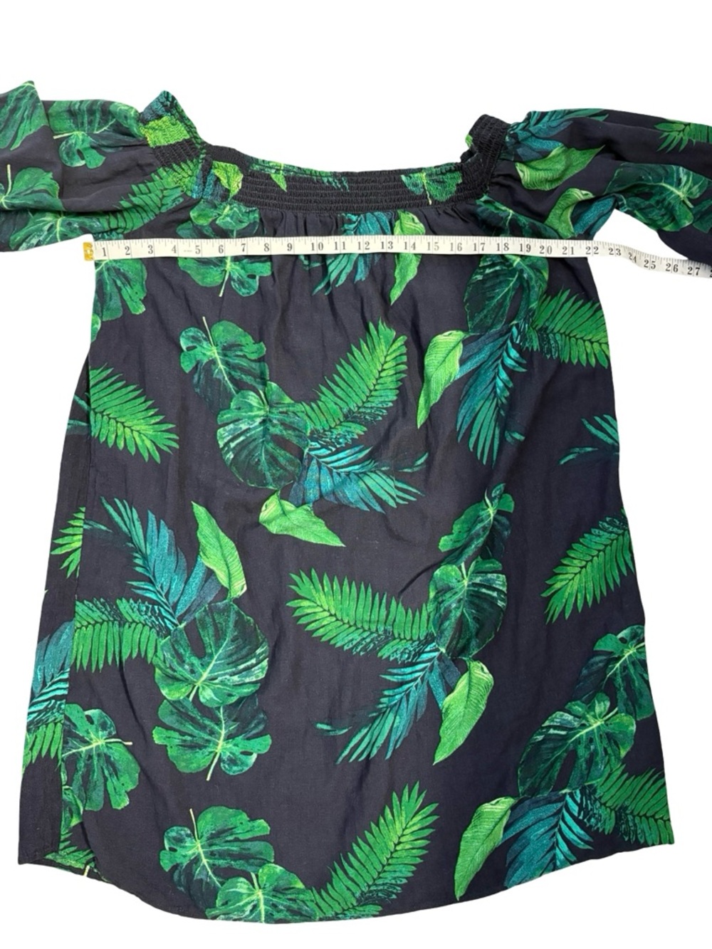 Old Navy Off-the-Shoulder Smocked Shift Dress Tropical Leaf XXL Linen Blend - Picture 7 of 11